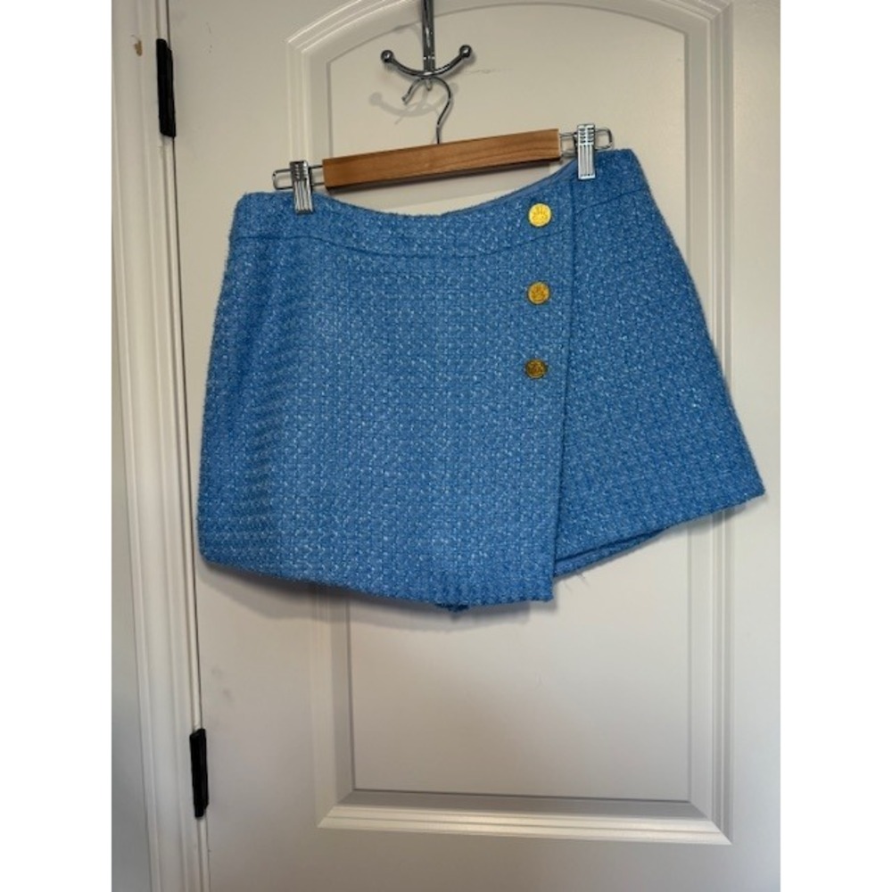 Aqua‎ Blue Tweed Wrap Skort Gold Crest Buttons Metallic Textured Shorts Large